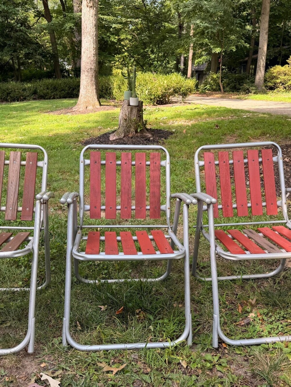 Set of 3 Vintage MCM Double Barrel Aluminum Red Wood Slat Folding Lawn Chairs